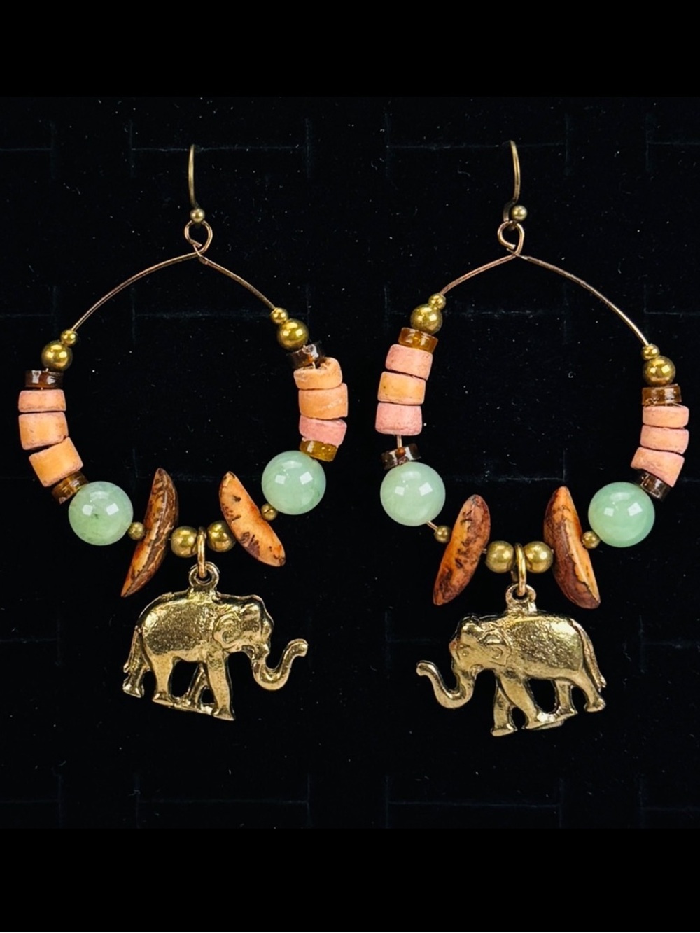 Bohemian chic, vintage elephant charm hoop, dangle pierced earrings